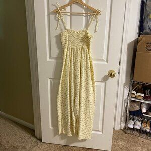 Tie-Shoulder Yellow Floral Smocked Jumpsuit